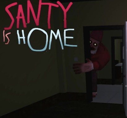 The cover of Santy is Home, which shows a scary Santa peeking out from around the corner.